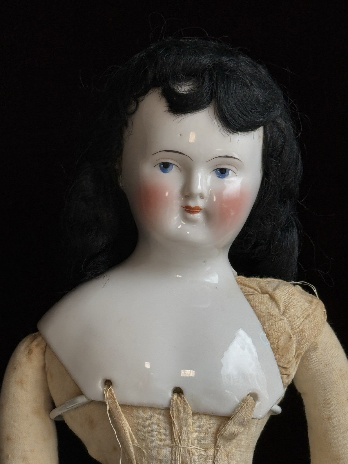 Antique German 21” Biedermeier Bald China Shoulder Head Doll