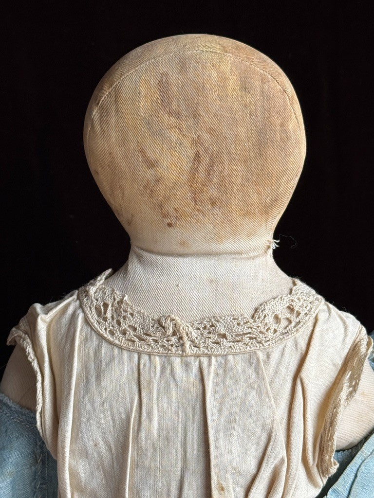 Antique American Moravian Style 16" Primitive Folk Art Cloth Rug Portrait Doll