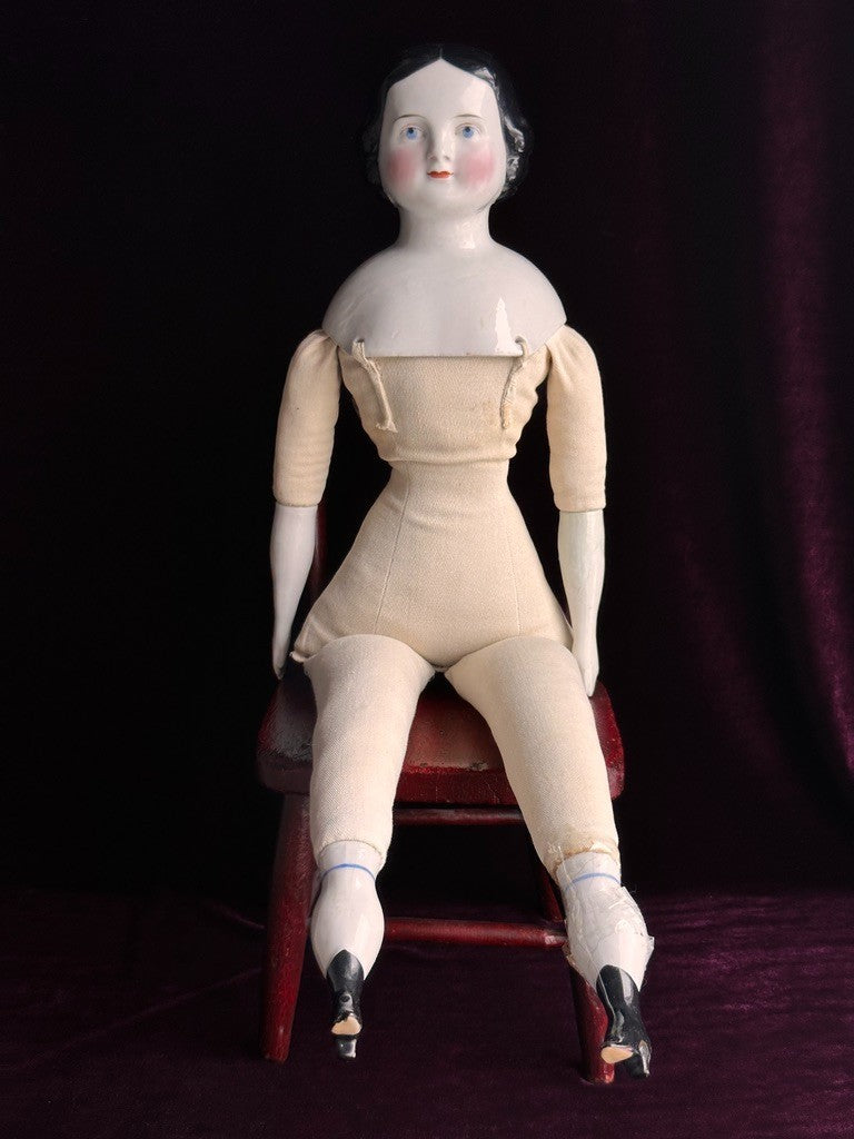 Large Antique German 27” Flat Top Highbrow China Shoulder Head Doll