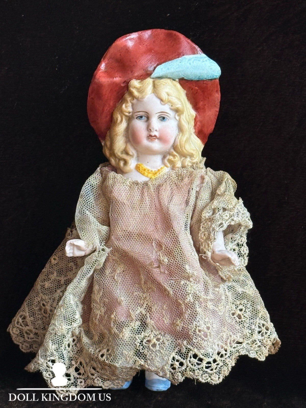 Antique German 7" Hertwig All Bisque Molded Hat Girl Doll