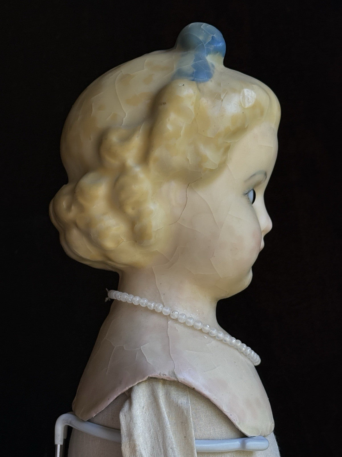 Large Antique German 30” Wax Over Papier Mache Alice Molded Bow Doll