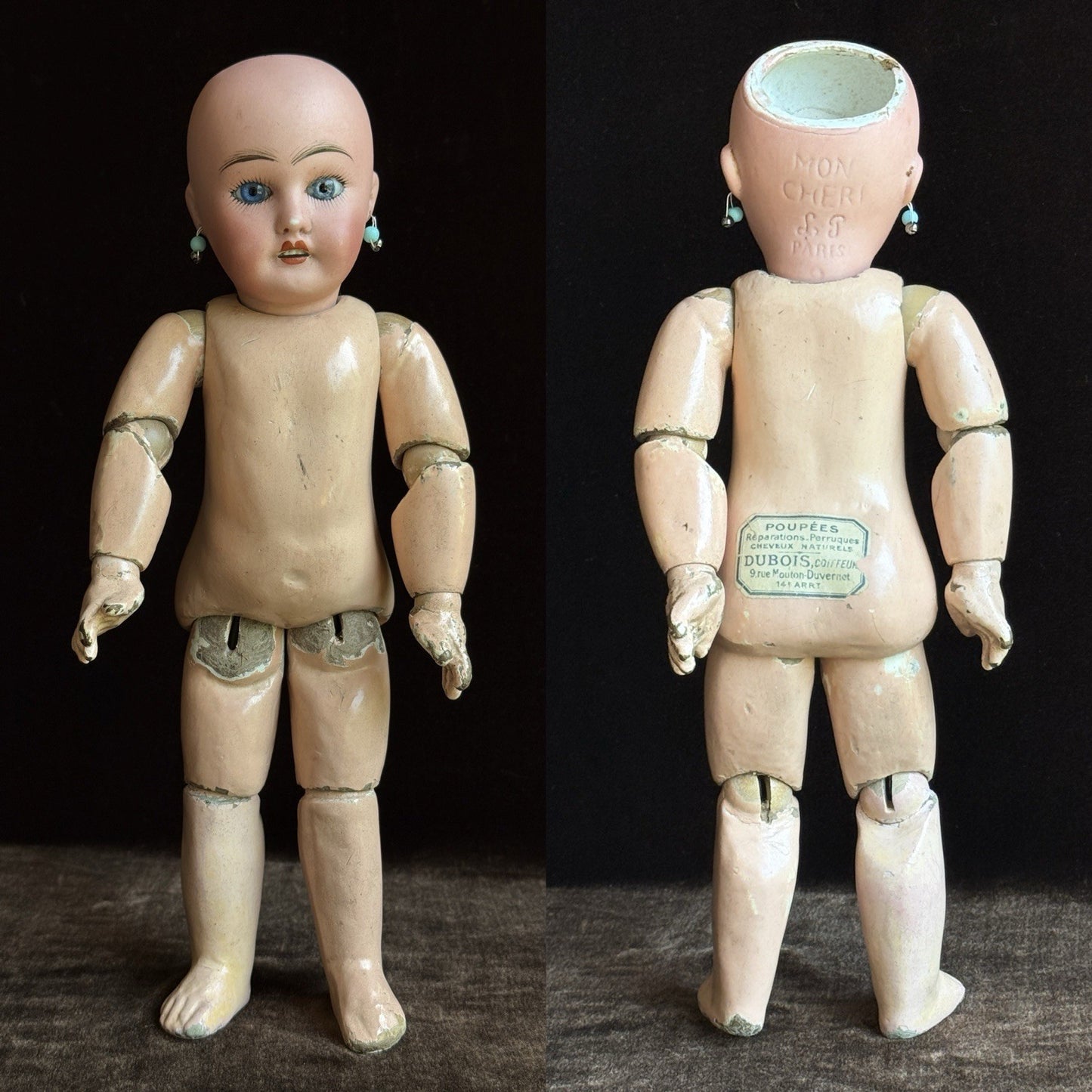 Antique French 11.5” Leon Prieur Mon Cheri Bleuette-size Bisque Head Doll