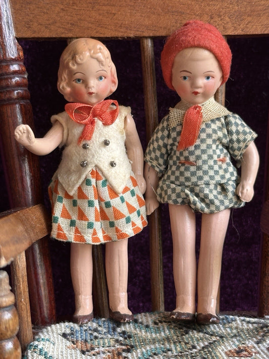 Pair of Antique German Hertwig  Miniature Dollhouse Boy and Girl Dolls