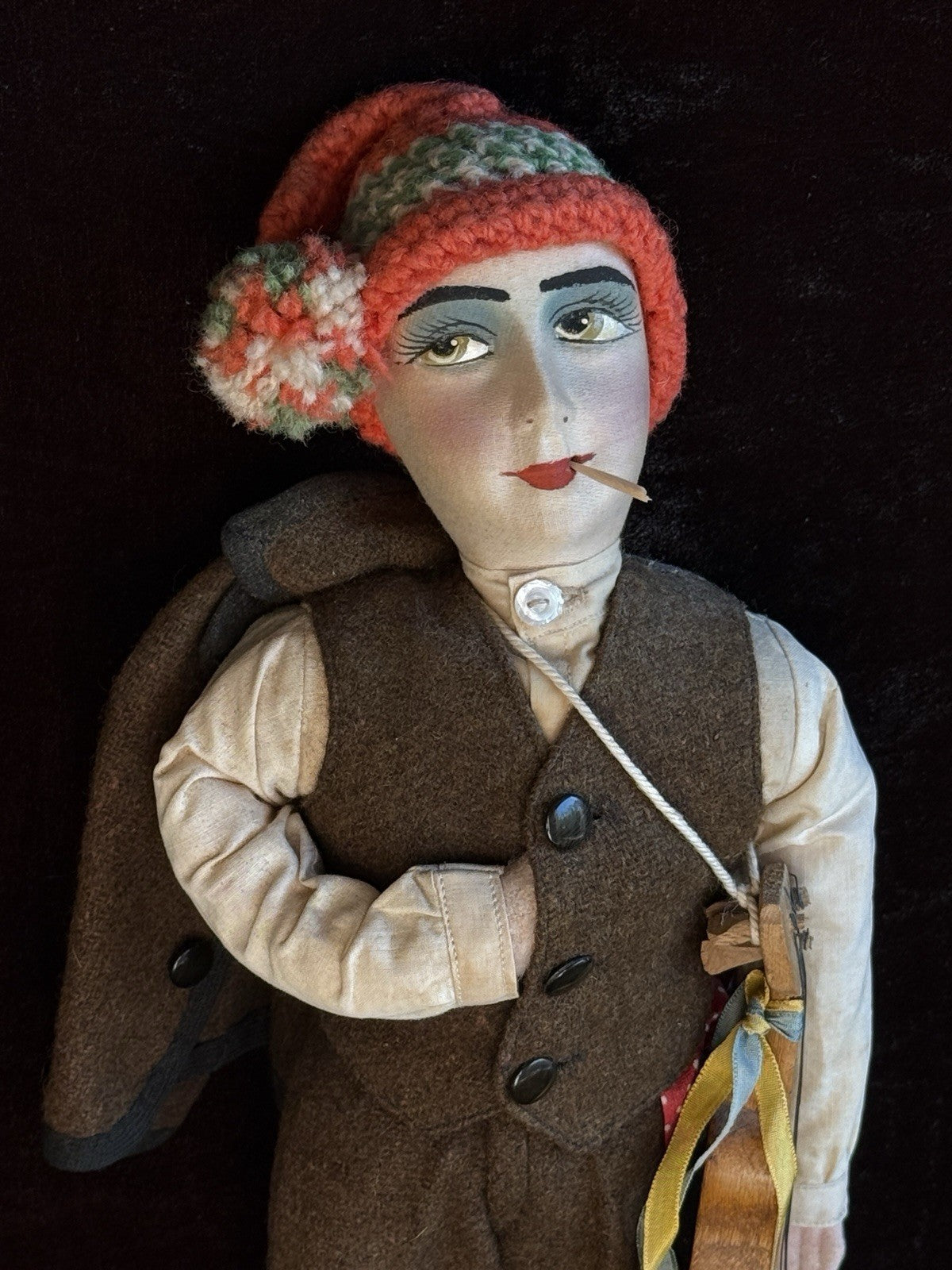 Vintage Art Deco 14” French Boudoir Style Cloth Face Mask Smoker Character Doll
