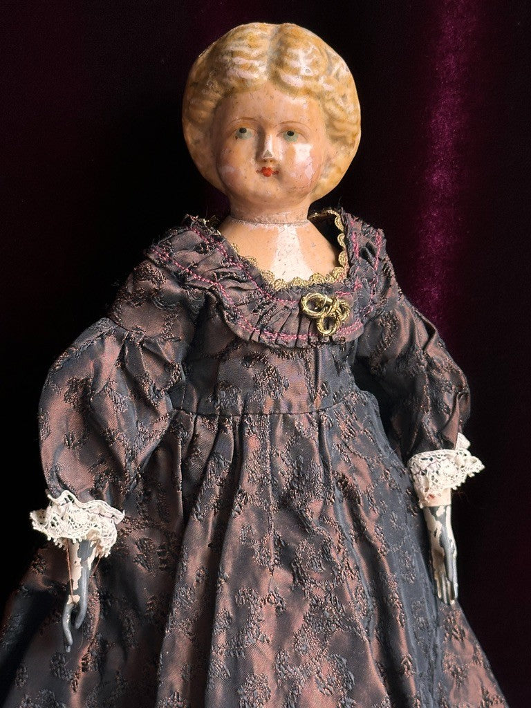 Antique American Mason & Taylor 11.5” Papier Mache Wood Metal Doll