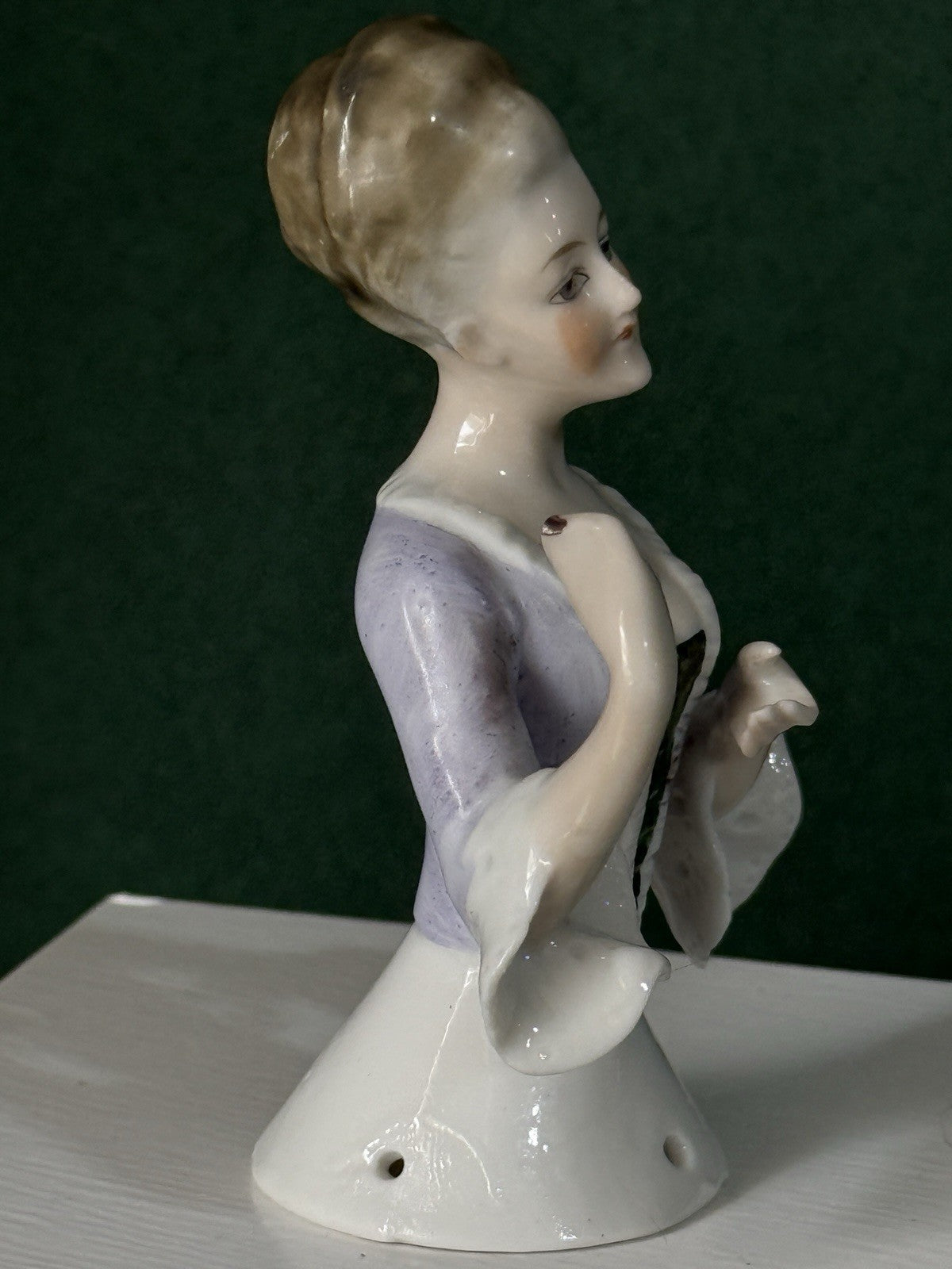 Antique German Porcelain Volkstedt Rudolstadt 3 3/4” Half Doll Pin Cushion