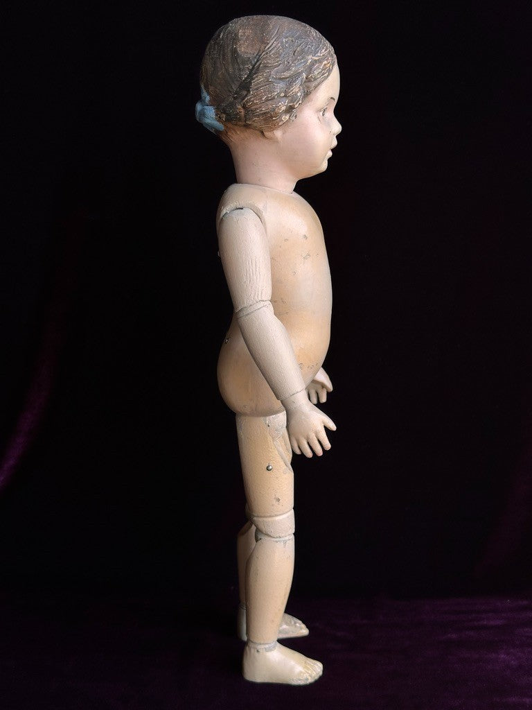 Antique American 16” Schoenhut 102 Series Wooden Doll Carved Braided Hair Bow
