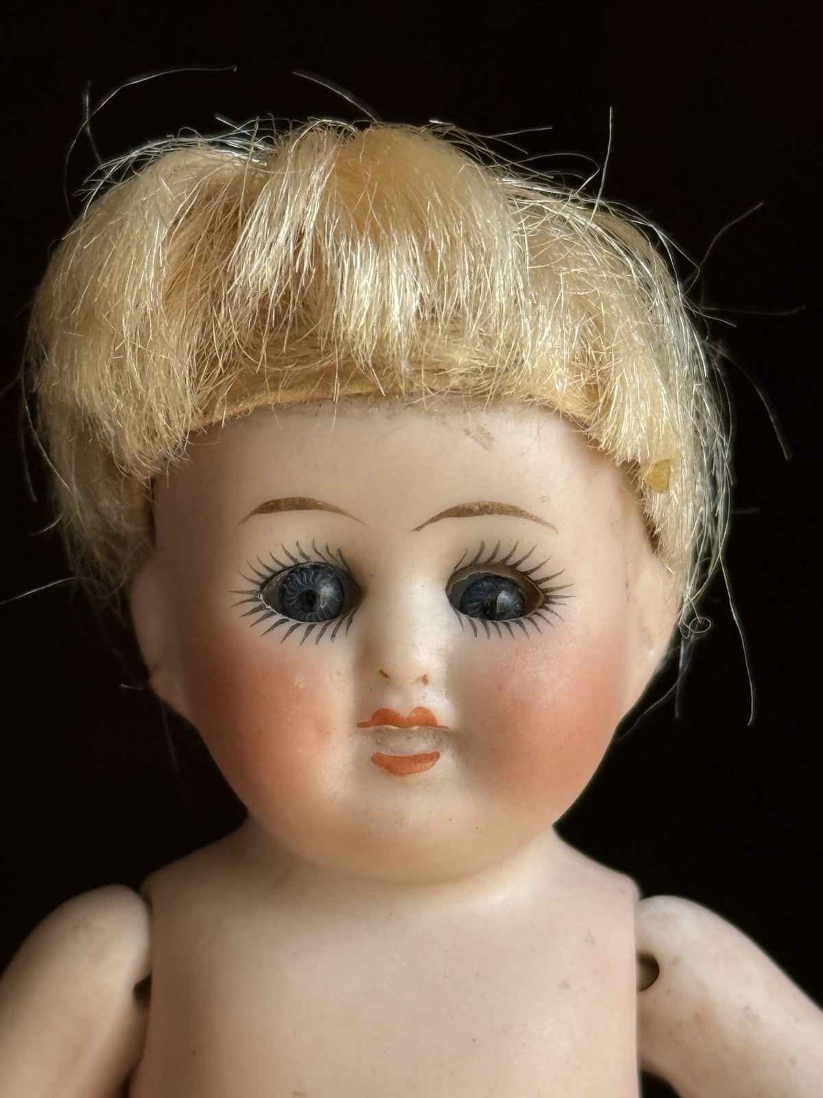 Antique German 3.75” Kestner All Bisque Baby Doll with Cradle and Bottle