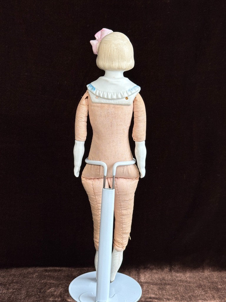 Antique German Hertwig 12” Bisque Molded Shoulder Plate and Bow Girl Doll