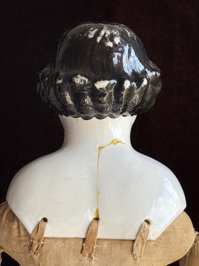 Large Antique German 27” Highbrow Flat Top Brunette China Fashion Doll
