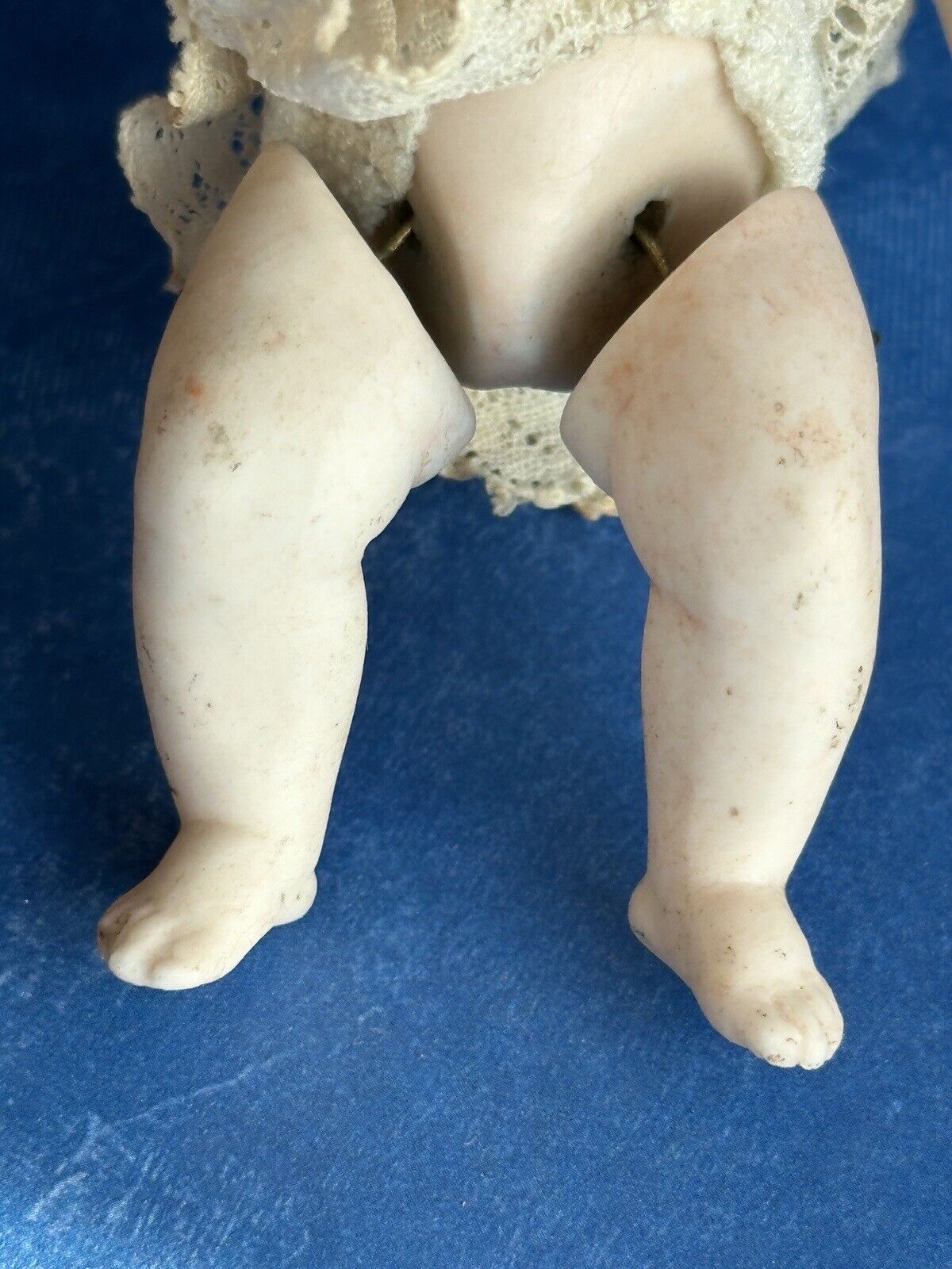 Antique German 3.75” Miniature All Bisque Parian Molded Hair Baby Doll