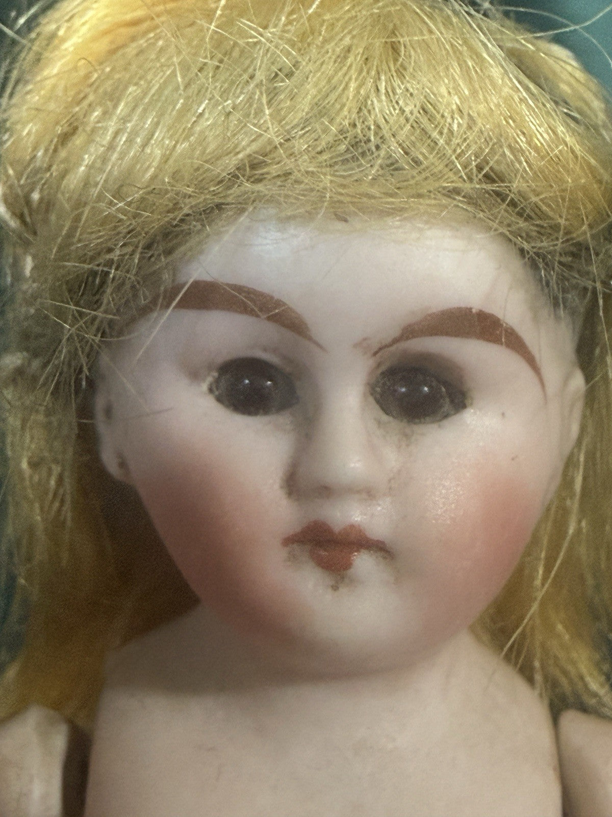 Antique German 4” All Bisque Mignonette Dollhouse Doll Unusual Green Boots