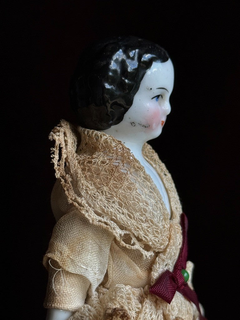 Antique German 5.75” Bisque Cloth Miniature Dollhouse Highbrow China Doll