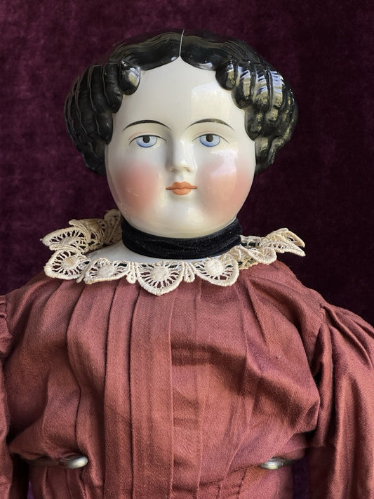 Antique German 25” Flat Top Highbrow China Shoulder Head Doll