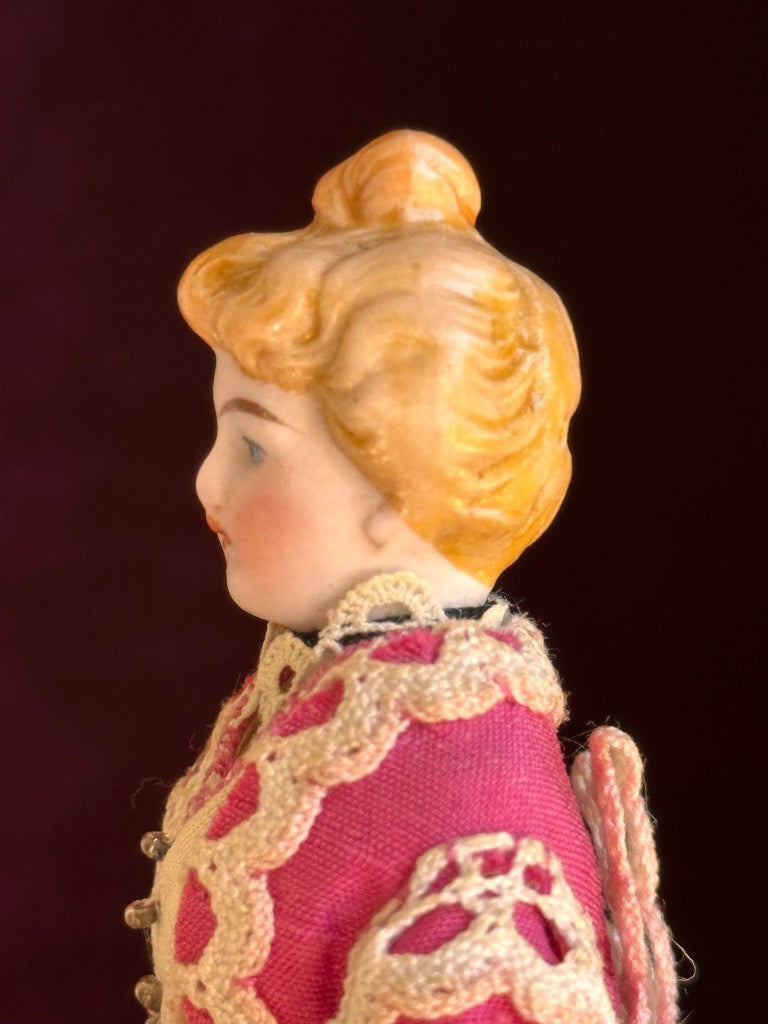 Antique German 4.875” Bisque Cloth Miniature Dollhouse Parian Doll with Bun