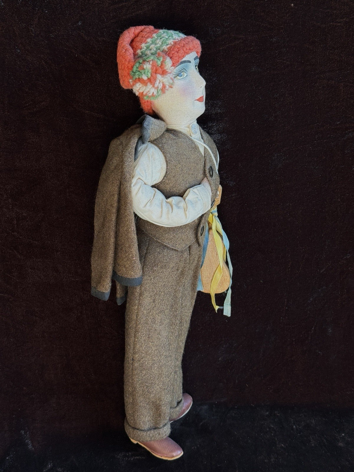 Vintage Art Deco 14” French Boudoir Style Cloth Face Mask Smoker Character Doll