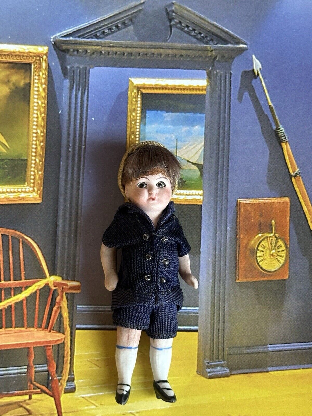 Antique German 3.75” Gebruder Kuhnlenz (?) Dollhouse Mignonette All Bisque Doll