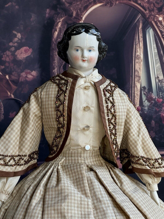 Antique German 17” Flat Top Highbrow Brunette China Head Doll