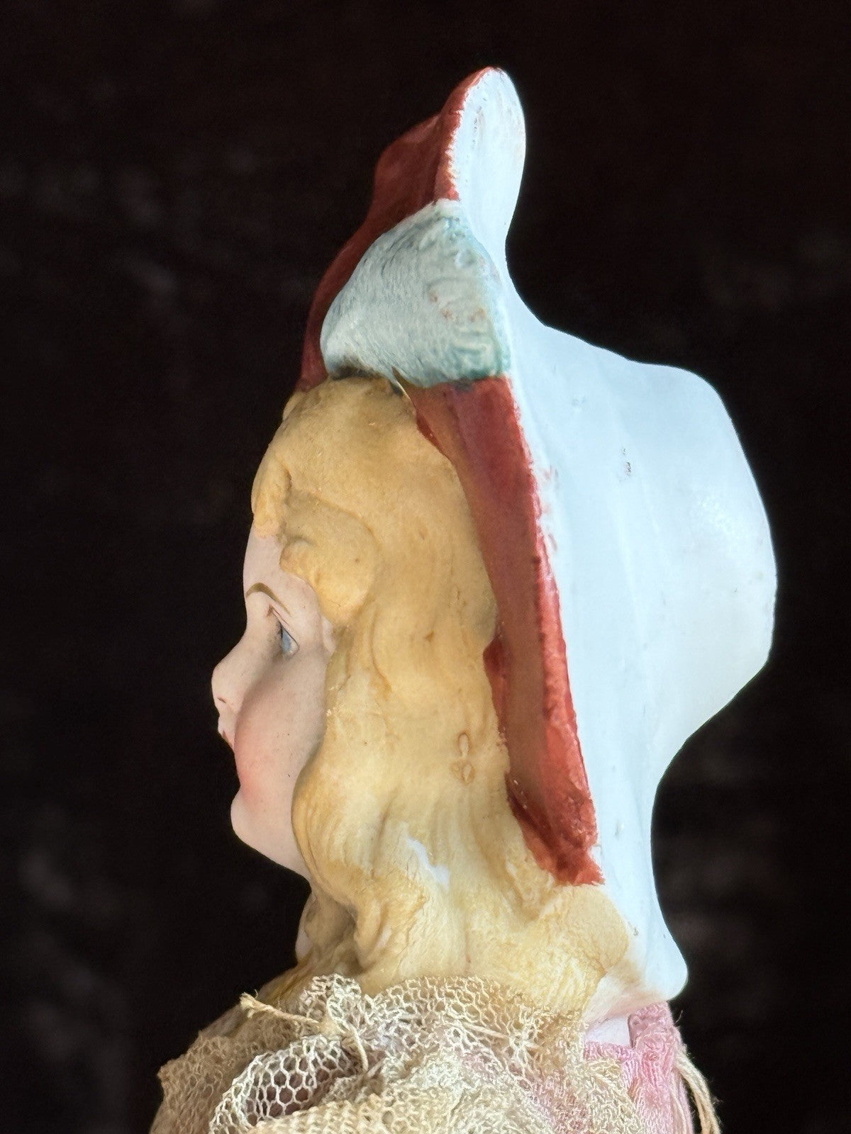 Antique German 7" Hertwig All Bisque Molded Hat Girl Doll