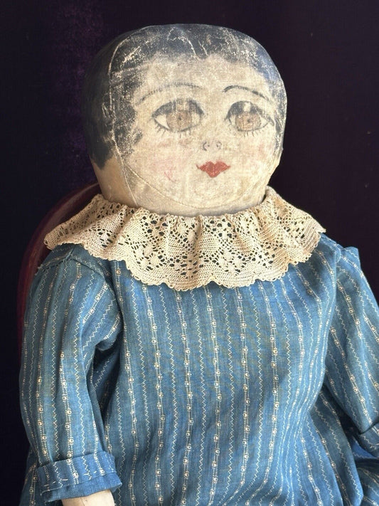 Early American Victorian 18” Presbyterian (?) All Cloth Rag Oil Painted Doll