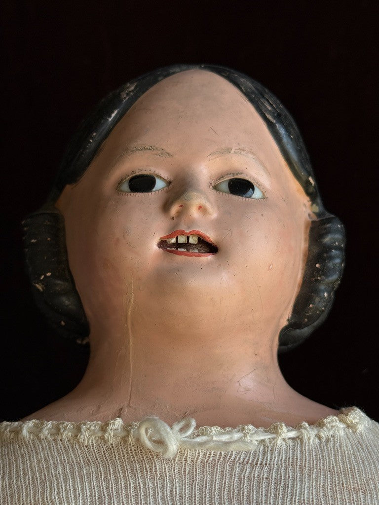 Rare Antique American/French Greiner (?) Papier Mache Glass Eyes Open Mouth Doll