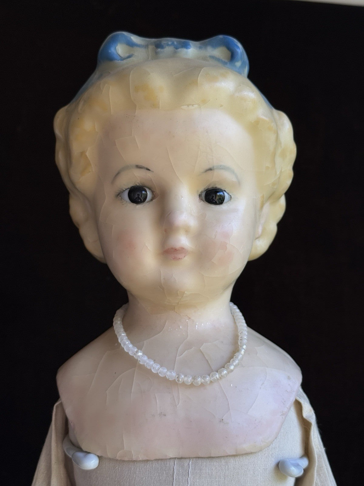 Large Antique German 30” Wax Over Papier Mache Alice Molded Bow Doll