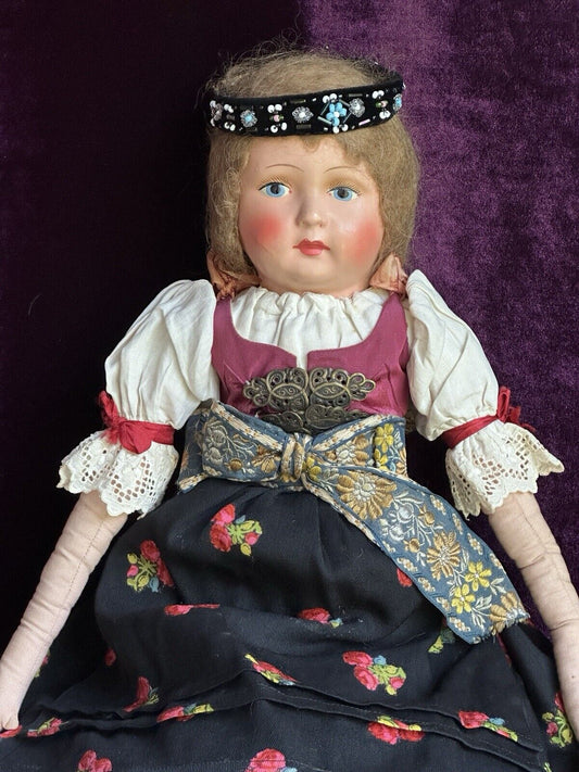 Antique Composition 23” Cloth Eastern European Boudoir Style Doll