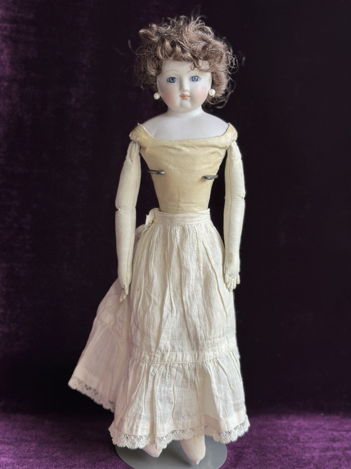 Vintage Porcelain 16” Reproduction Of Antique French Fashion Doll Leather Body