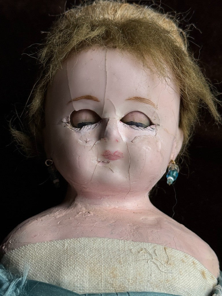 Antique German 16” Wax over Papier Mache Shoulder Head Cloth Body Fashion Doll