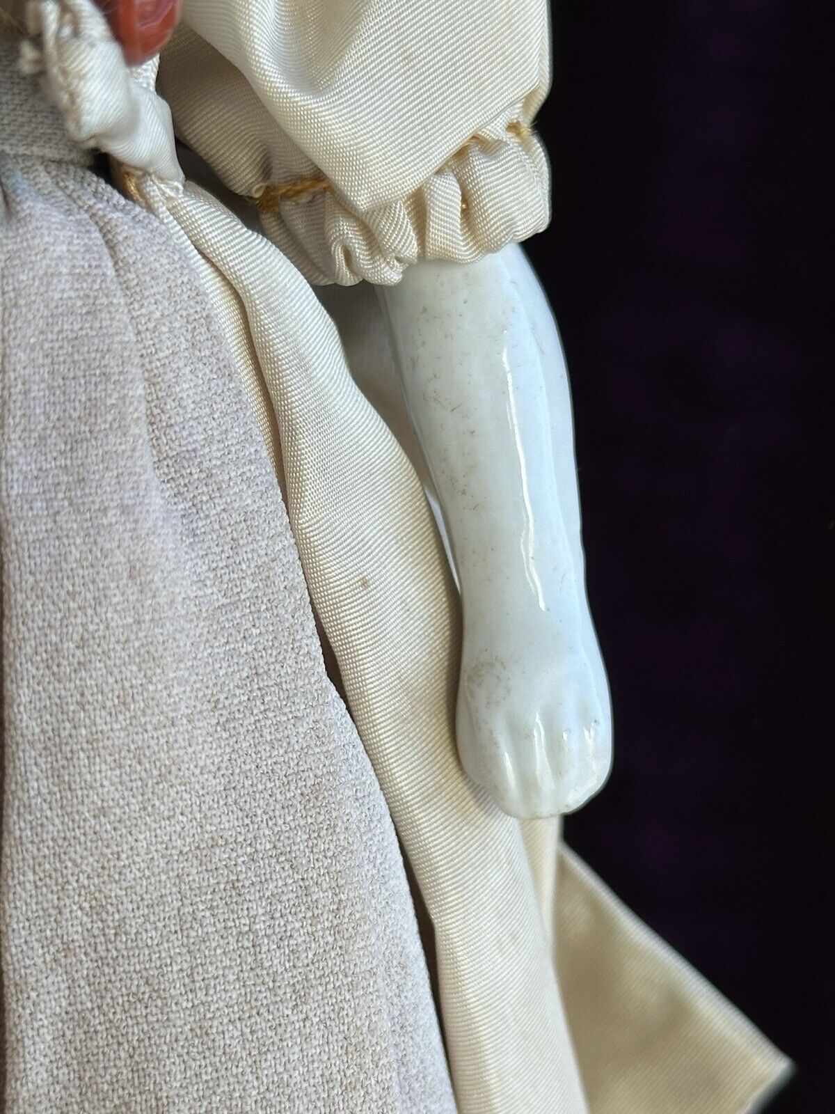 Antique German 12.5” China Shoulder Head Doll with Molded Bonnet