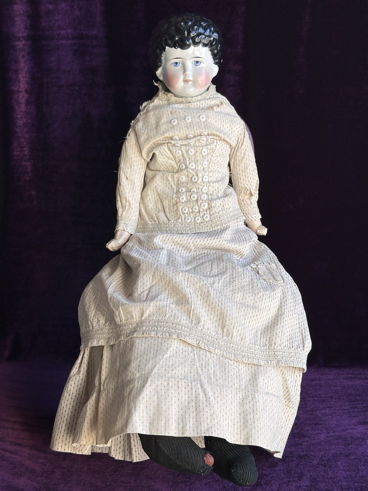 Large Antique German 26” Exposed Ears Curly Hair China Shoulder Head Doll