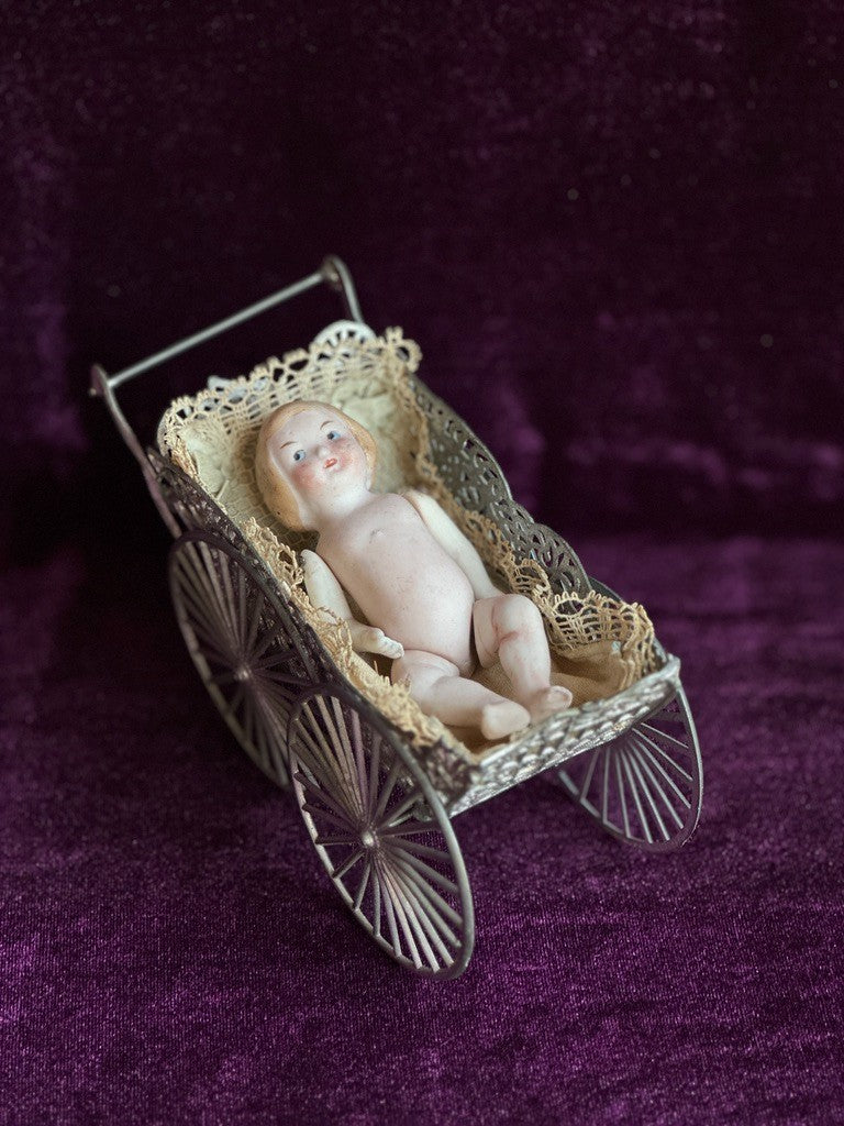 Antique German Miniature All Bisque Limbach 9307 Googly Eye Doll in Carriage