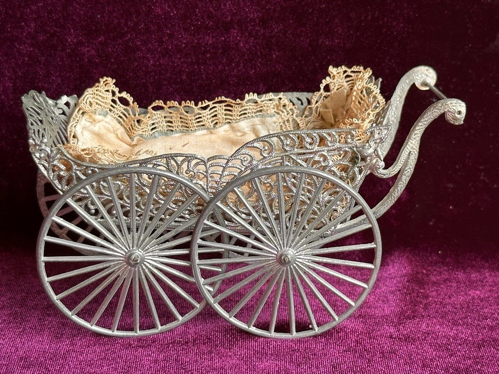 Antique German Miniature All Bisque Limbach 9307 Googly Eye Doll in Carriage