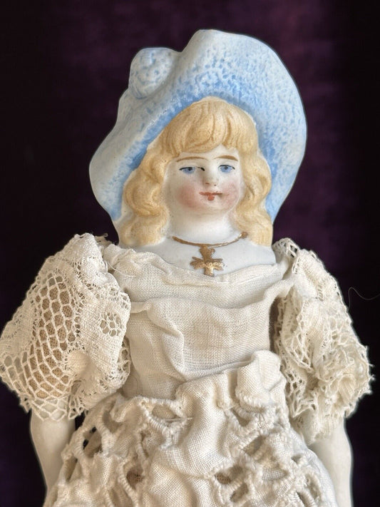 Antique German Miniature  7.5” Hertwig Molded Hat Parian Bisque Head China Doll