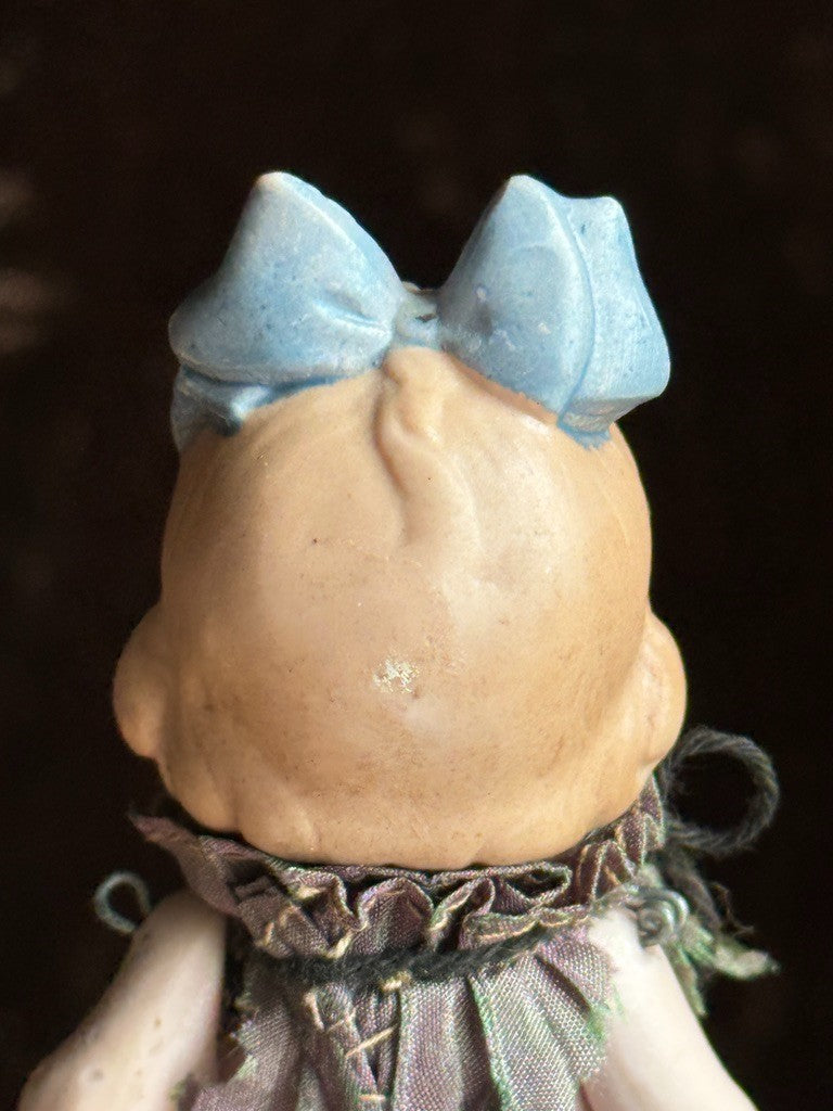 Antique German Hertwig Miniature 4" All Bisque Dollhouse Doll Molded Bow