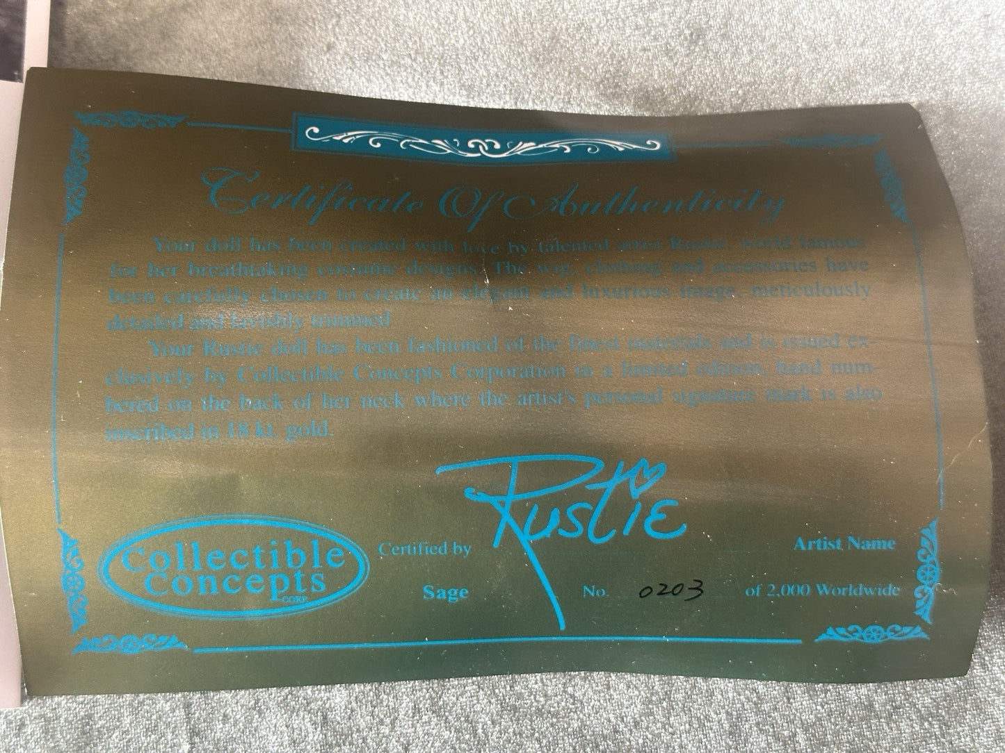 Collectible Large 42” Porcelain Doll “Sage ” by Rustie LE 2000 COA/Stand/Tag