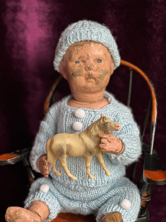 Antique American 12” Schoenhut Wooden Jointed Baby Boy Doll