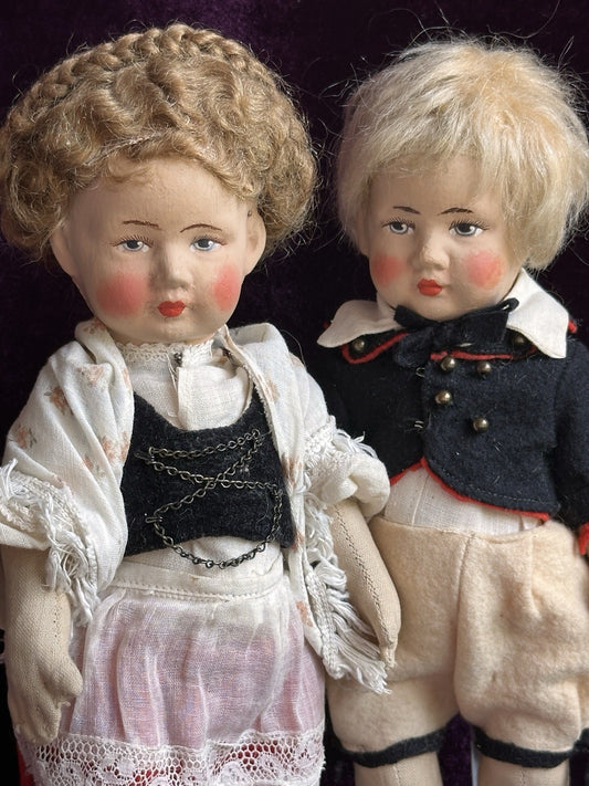 Lot of 2 Antique German 10” Gebruder Bing Cloth Boy and Girl Dolls