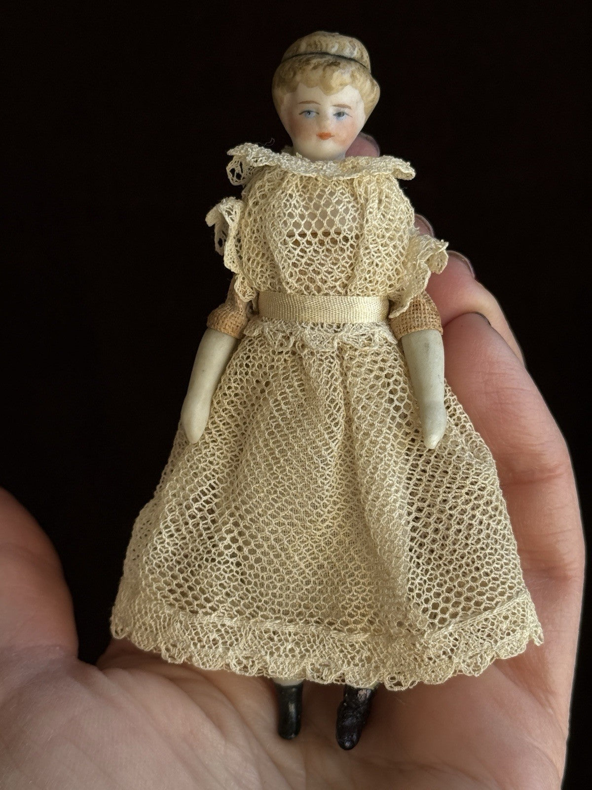 Antique German Simon Halbig 3.875” Bisque Cloth Dollhouse Girl Doll