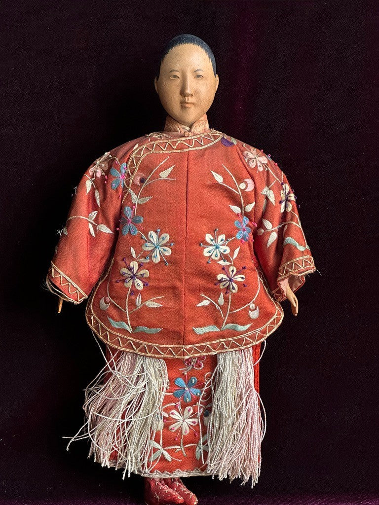 Pair of Antique Door of Hope Mission Carved Wood Cloth Bride and Groom Dolls