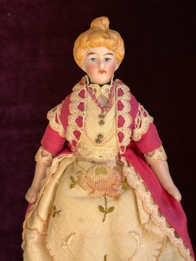 Antique German 4.875” Bisque Cloth Miniature Dollhouse Parian Doll with Bun