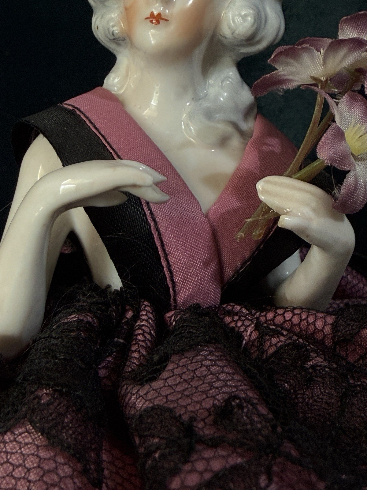 Large 10 1/2” Antique German Porcelain Schneider (?) Half Doll Pin Cushion