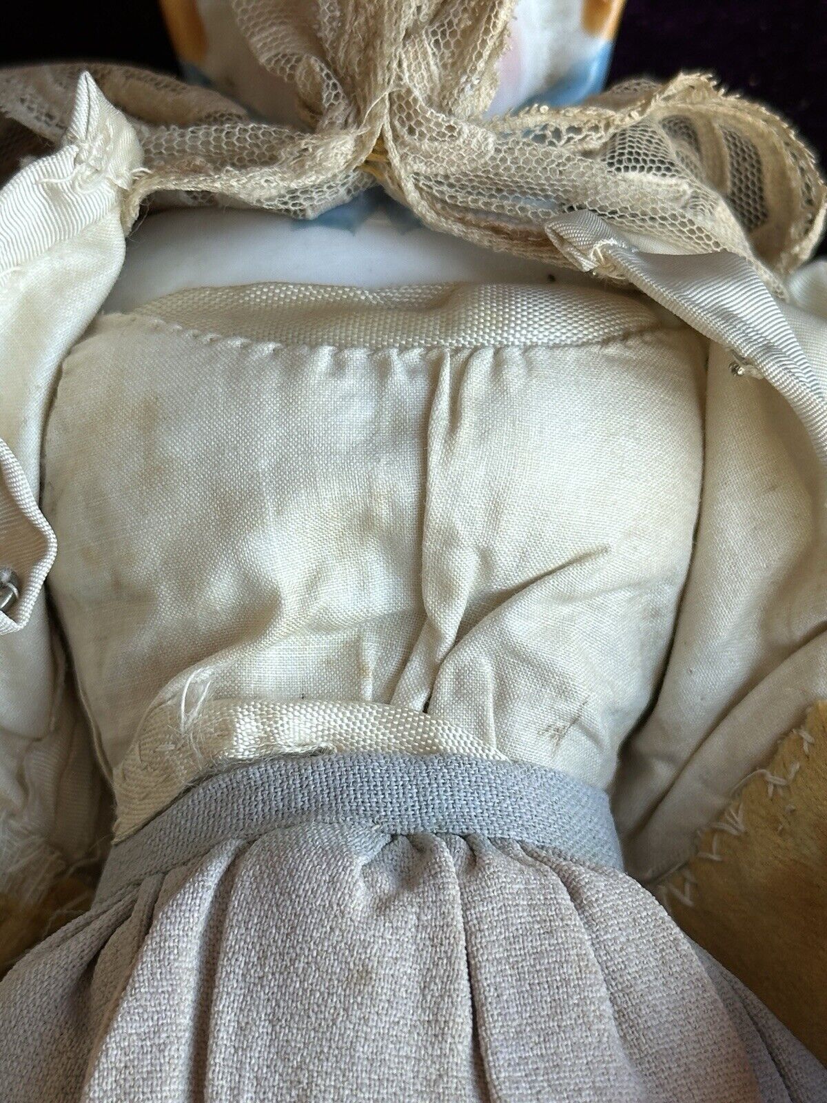 Antique German 12.5” China Shoulder Head Doll with Molded Bonnet
