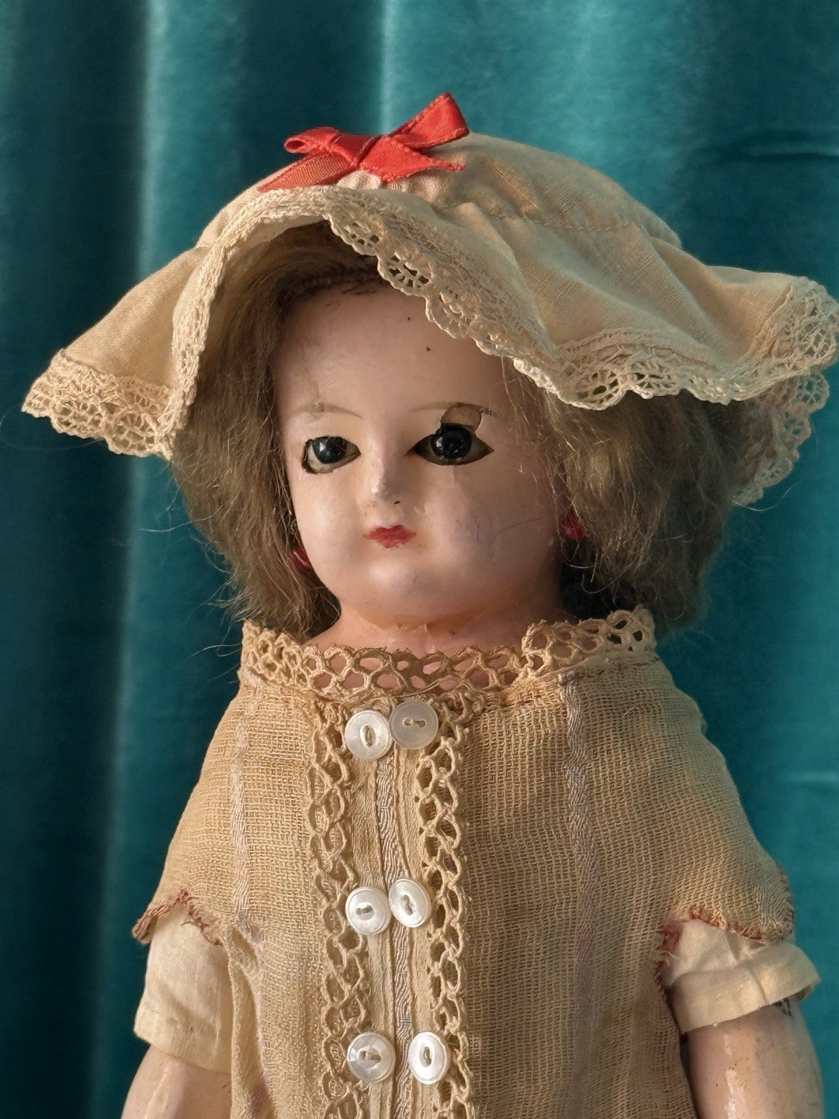 Antique German Wax Paper Mache 13” Doll with Glass Sleepy Eyes
