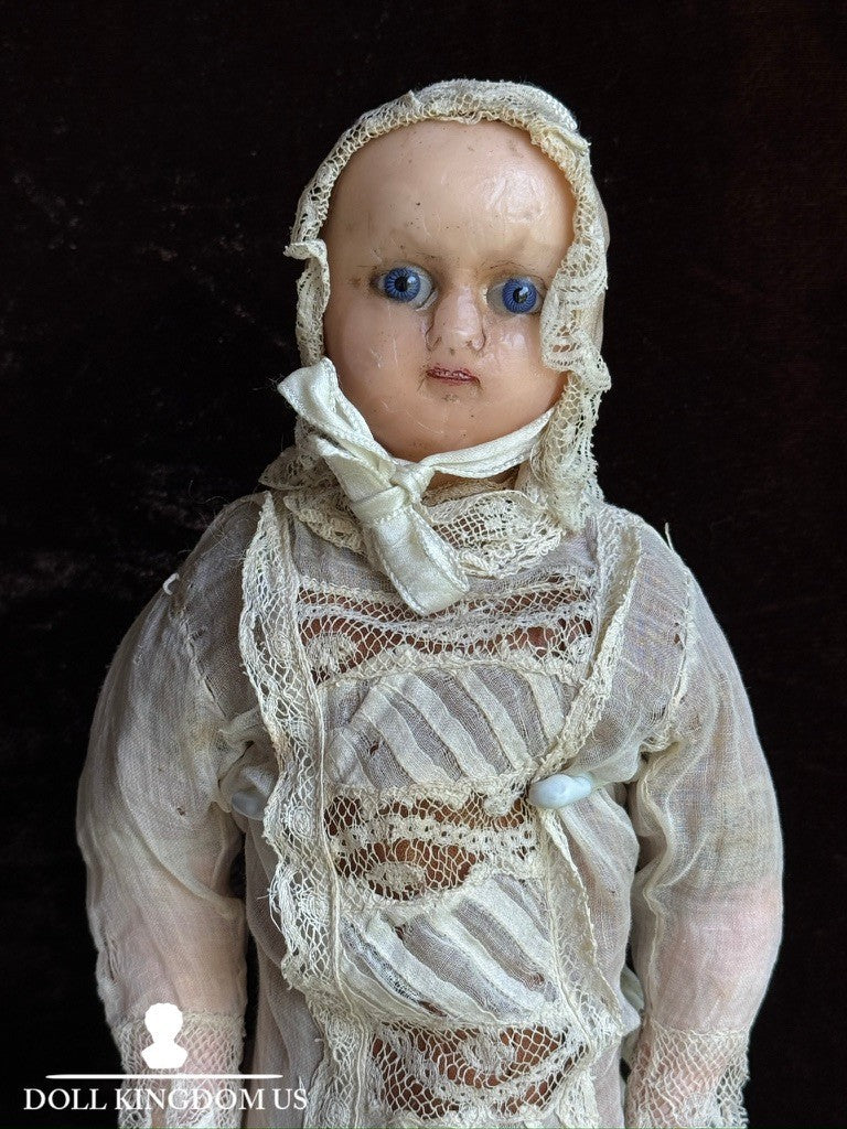 Rare Antique German 17” Mechanical Wax Doll Toy