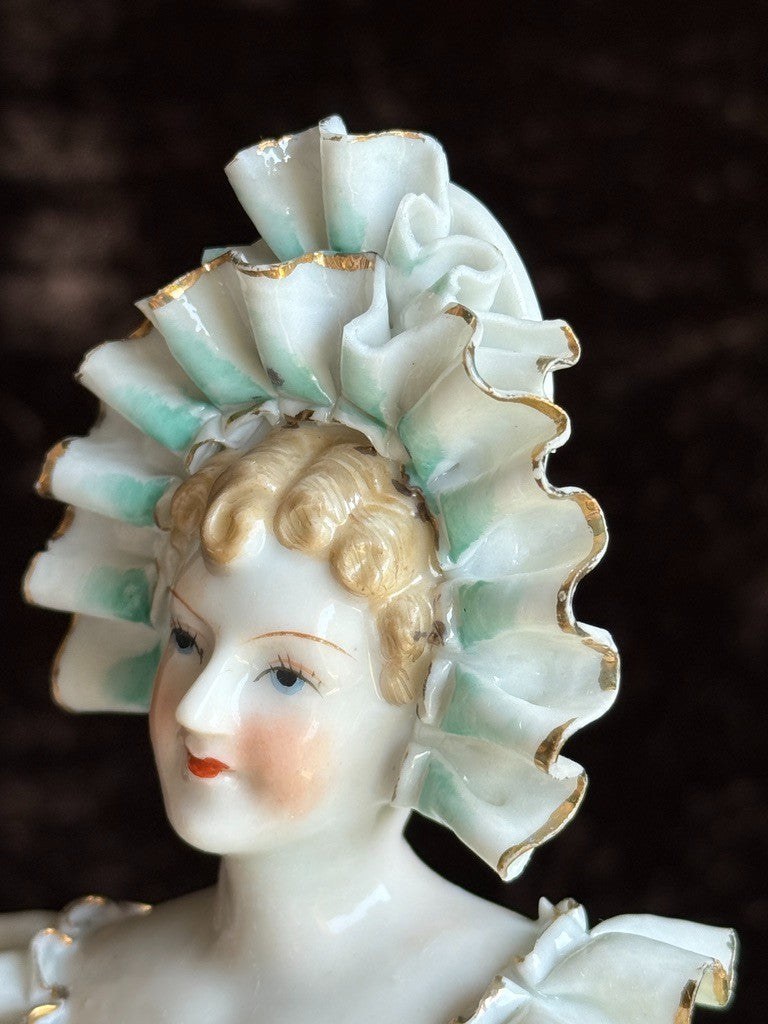 Vintage Japan (?) Cabinet Size 11.75” Dresden Style Molded Lace China Bust Doll