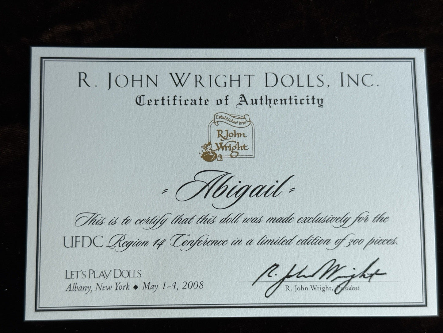 Collectible 12” John Wright UFDC Abigail Felt Girl Doll with Certificate