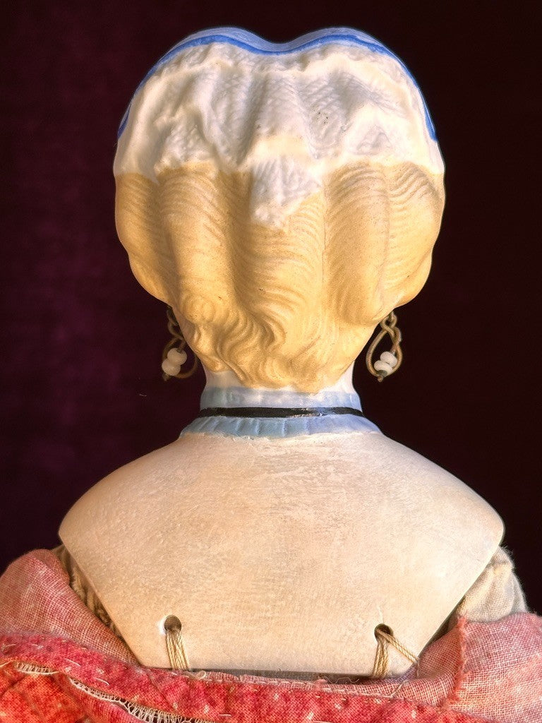 Antique German 15” Fancy Parian Bisque Head China Doll with Pierced Ears