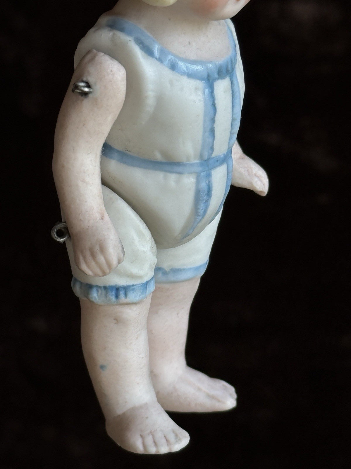 Antique German 4” All Bisque Miniature Dollhouse Doll Molded Outfit