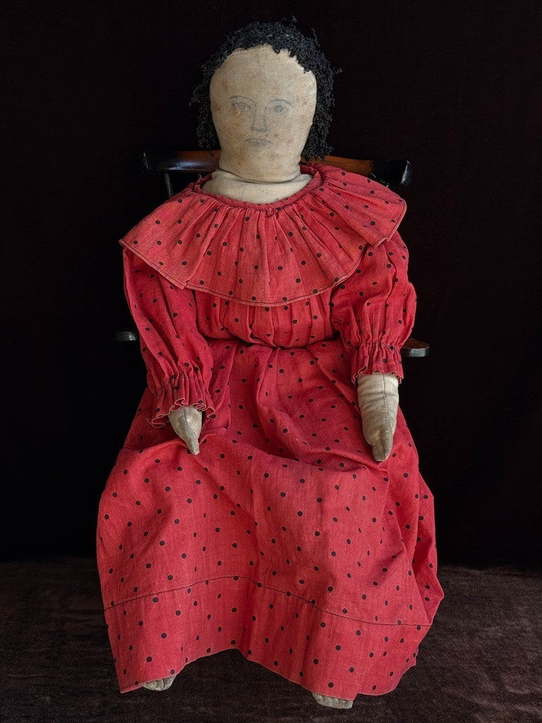 Antique American 21" Primitive Folk Art Cloth Rug Portrait Doll